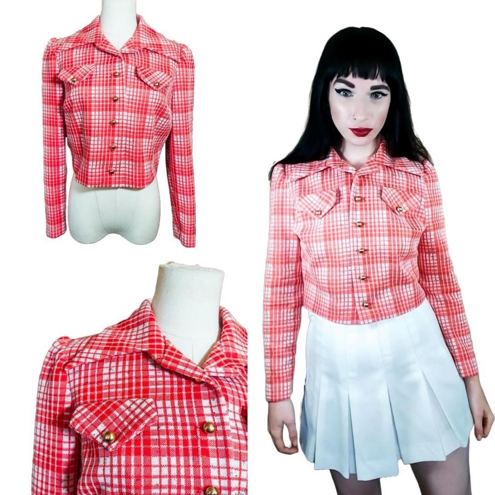 Vintage 1960s Act I Orange Plaid Cropped Butterfly Collar Puff Sleeve Blazer